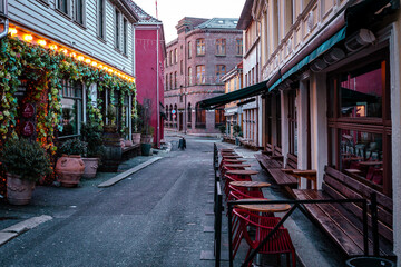 Bergen Traditional Scandinavian Architecture. Restaurants in the old part of Bergen. Vestland,...