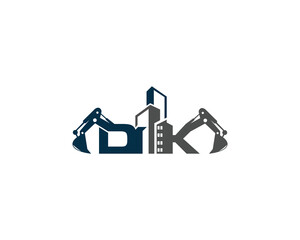 Letter DK Building With Excavator Logo Design Concept. Creative Excavators, Construction Machinery Special Equipment Vector Illustration.