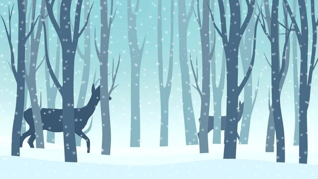 Winter landscape with forest, snowfall and walking roe deers (animation, seamless loop)
