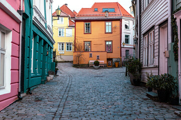 Bergen Traditional Scandinavian Architecture. Decorated Residential Houses in the Old Part of Bergen. Vestland, Norway. UNESCO World Heritage Site.