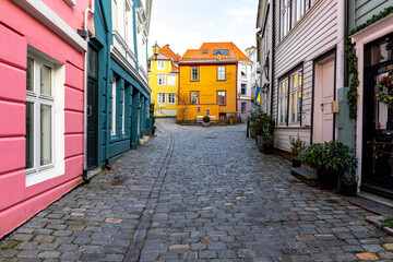 Bergen Traditional Scandinavian Architecture. Decorated Residential Houses in the Old Part of Bergen. Vestland, Norway. UNESCO World Heritage Site.