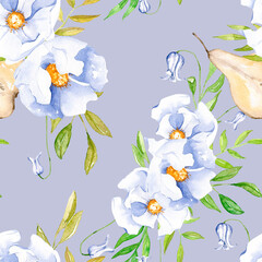 Watercolor botanical blue floral seamless pattern, roses with green leaves, foliage, blue flowers arrangement with pear