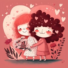 An adorable and endearing illustration for Valentine's Day, love, hearts, flowers, romance, pink and red, happy, cheerful, joyful, fun, playful. generative ai	