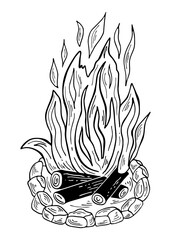 Fire with flame line art. Modern witchcraft illustration. Black outline campfire with logs.