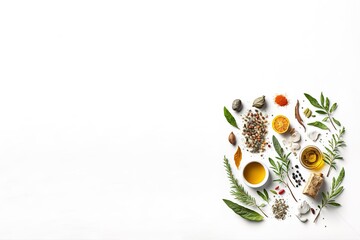 Fototapeta na wymiar Spices, Herbs, Olive Oil And Vegetables In Corner On White Background Generative AI