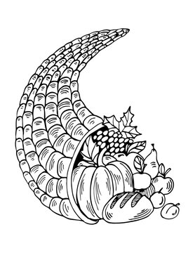 black and white cornucopia harvest bounty clip art preview