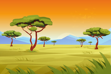 Africa Savannah landscape, safari with grass, trees, mountains, summer hot scene, wild nature in cartoon style. © Alyona