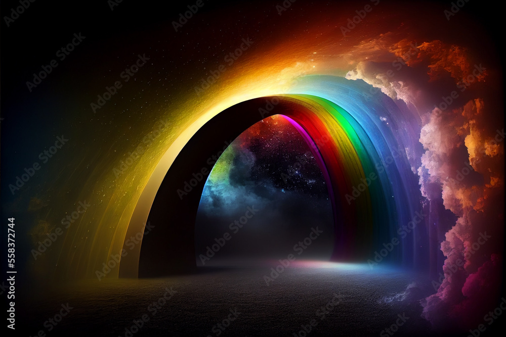 Poster Beautiful abstract rainbow bridge and multi colored space background in the darkness.	
