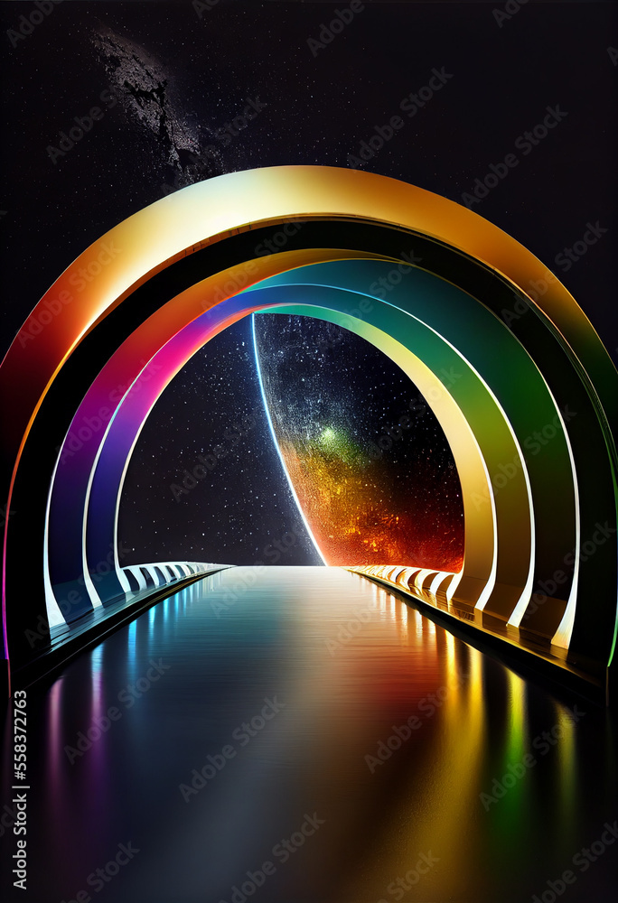 Aufkleber beautiful abstract rainbow bridge and multi colored space background in the darkness.