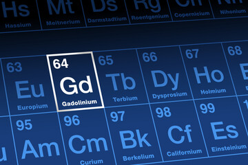 Gadolinium, on periodic table. Ductile, ferromagnetic rare earth metal in the lanthanide series, with a variety of specialized uses. Atomic number 64, and element symbol Gd, named after Johan Gadolin.