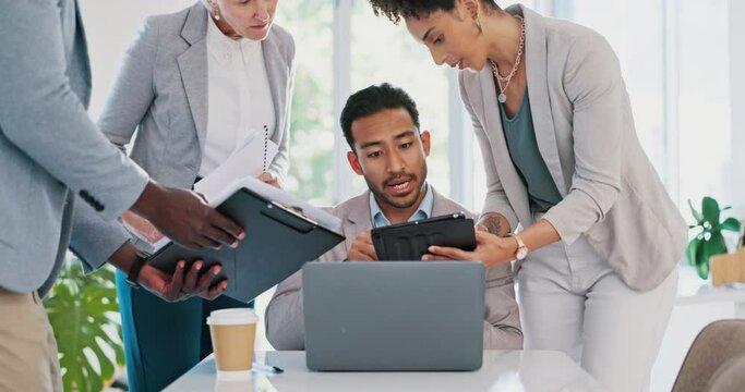 Businessman, multitasking and time management with leadership in work project, documents and tablet for signature. Manager, business people and paperwork, digital and project management success.