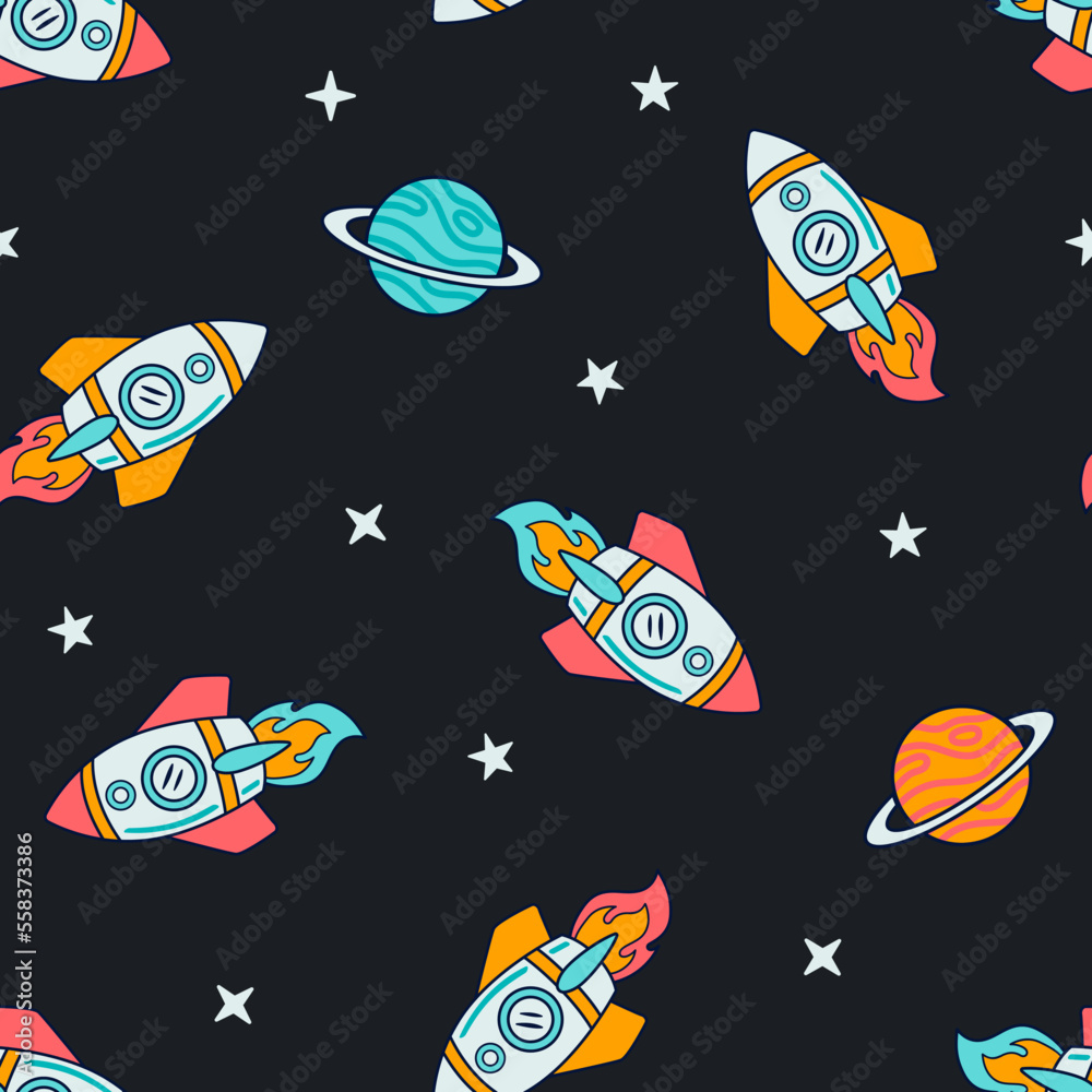Wall mural space seamless repeat pattern. hand drawn galaxy, rockets and planets, spaceship seamless vector pat