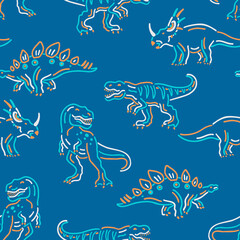 Dinosaurs Seamless Pattern. Cartoon Dinosaurs Kids Seamless Repeat Design. Dinos in Neon Colors Seamless Pattern © cddesign.co
