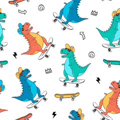 Skater Dinosaurs Seamless Pattern. Cartoon Dinosaurs Kids Seamless Repeat Design. Hand Drawn Skateboarding Vector Seamless Pattern © cddesign.co