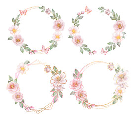 gold floral frames geometric round with pink flowers watercolor Illustration ring, of pink, white flowers with leaves, camellia, roses floral frame, vignette isolated on white background.