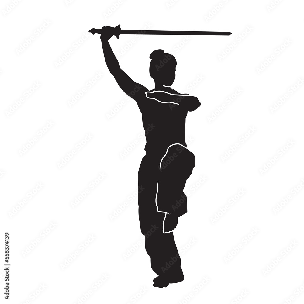 Canvas Prints Silhouette of a male martial arts athlete with his hair in a bun. shirtless and holding a sword.