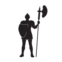 Silhouette of male medieval warrior with a weapon in hand. Isolate on a white background. Vector illustration