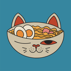 Obraz premium Plate with Maneki-neko pattern with noodles. Vintage asian japanese food sushi noodles with bacon and egg. Promo templates for a Japanese restaurant. Advertising with national oriental noodles.