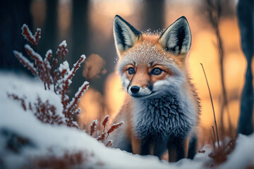 Red Fox - vulpes vulpes, close-up portrait with bokeh in the background.  Digital art	
 - obrazy, fototapety, plakaty