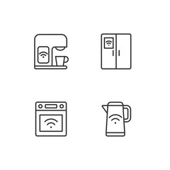 Smart kitchen appliances pixel perfect linear icons set. Devices for cooking. Smart home technology. Customizable thin line symbols. Isolated vector outline illustrations. Editable stroke