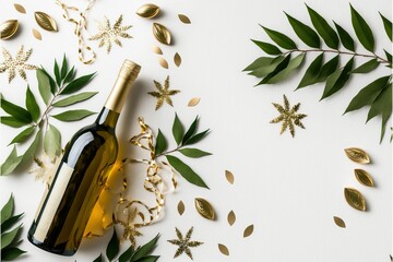 New Year festive web banner. Birthday,Celebration concept, Champagne wine bottle, drinking glass, ai generated