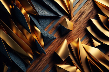 Carved wood, painted texture of dark wood combined with metal and gold. Element of interior decor, Elegant background. Gen Art