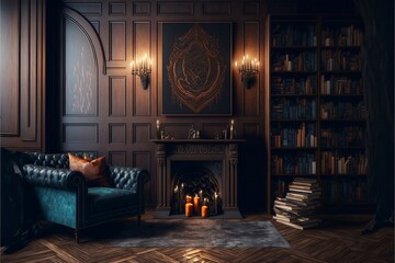 Medieval style fantasy home living room interior with wooden flooring next to fireplace