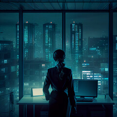 Business woman in office near computer, rear view..