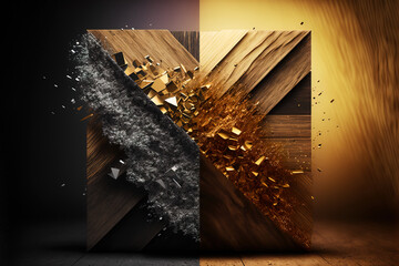 Wood is combined with precious stones, opal, gold, metal. Abstract background in brown and gold colors. Gen Art	