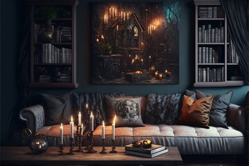 Medieval style fantasy home living room interior in royal palace of paladins