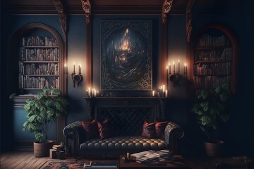 Medieval style fantasy home living room interior in old mansion - obrazy, fototapety, plakaty