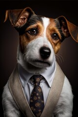 Portrait of a dog in a business suit. Pet portrait in clothing. Jack Russell Terrier. Generative AI.