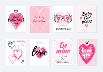 Valentine s day card design set. Poster with heart, sunglasses, quote. Vector illustration for greeting gift tag, t shirt print. Trendy hand drawn doodle style, cool flyer template for sale, wedding