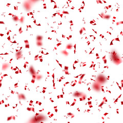 Falling bright red confetti and pieces of serpentine. Festive curly shiny and blurred paper streamers. Party, festival, holiday decoration realistic vector illustration