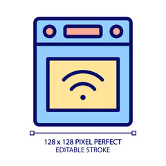 Smart stove pixel perfect RGB color icon. Kitchen appliance. Automatic features. Device for cooking meal. Internet of things. Isolated vector illustration. Simple filled line drawing. Editable stroke