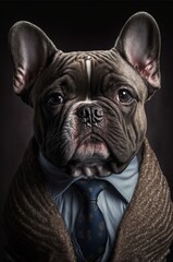 Portrait of a dog in a business suit. Pet portrait in clothing. Bulldog. Generative AI.