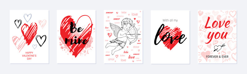 Valentine s day card design set. Poster with heart, cupid cherub, quote. Vector illustration for greeting gift tag, t shirt print. Trendy hand drawn doodle style, cool flyer template for sale, wedding