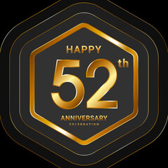 52th Anniversary. Golden Anniversary Logo Design With Hexagon Style For Celebration Event. Logo Vector Illustration