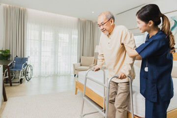 Elderly patient physiotherapy nurse exercising and try to walk