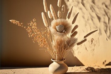 beautiful dry grass bouquet, Bunny tail, Lagurus ovatus and festuca plant in sunlight, ai generated