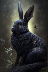 magical beautiful black rabbit, dark fantasy, symbol 2023, art illustration