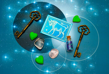 zodiac sign Taurus with magic bottles and hearts and with stars like romantic astrology and love...