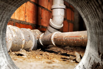 Sewer pipes in home basement. System of gray sanitary pipes when building a house. Sewer installation for sewage disposal. - obrazy, fototapety, plakaty