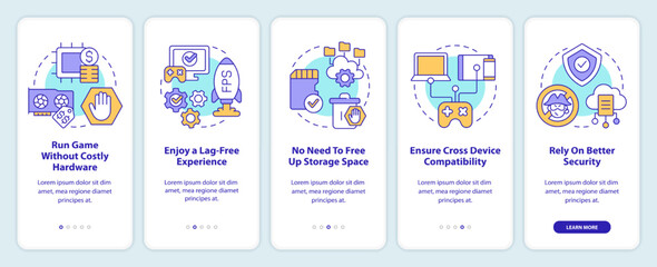 Developments in cloud gaming onboarding mobile app screen. AR, VR walkthrough 5 steps editable graphic instructions with linear concepts. UI, UX, GUI template. Myriad Pro-Bold, Regular fonts used
