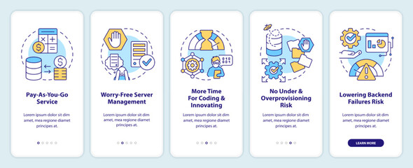 Serverless computing benefits onboarding mobile app screen. Walkthrough 5 steps editable graphic instructions with linear concepts. UI, UX, GUI template. Myriad Pro-Bold, Regular fonts used