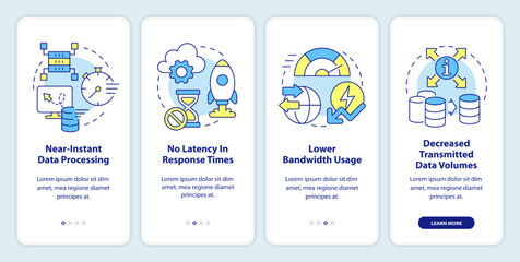 Cloud and edge tech combination benefits onboarding mobile app screen. Walkthrough 4 steps editable graphic instructions with linear concepts. UI, UX, GUI template. Myriad Pro-Bold, Regular fonts used