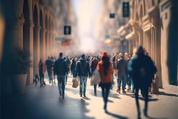 people walking in the street in the city, blurry,, ai generated