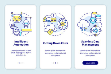 AI in cloud computing benefits onboarding mobile app screen. Walkthrough 3 steps editable graphic instructions with linear concepts. UI, UX, GUI template. Myriad Pro-Bold, Regular fonts used