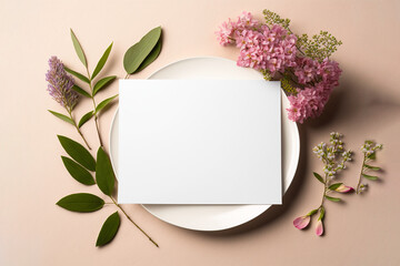 ai generated, Blank greeting card, invitation mockup, flowers, Floral pink plate