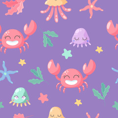Fototapeta na wymiar Hand drawn Seamless pattern with cute crabs, starfishes and seaweed. Vector image for kids digital textile fabric paper